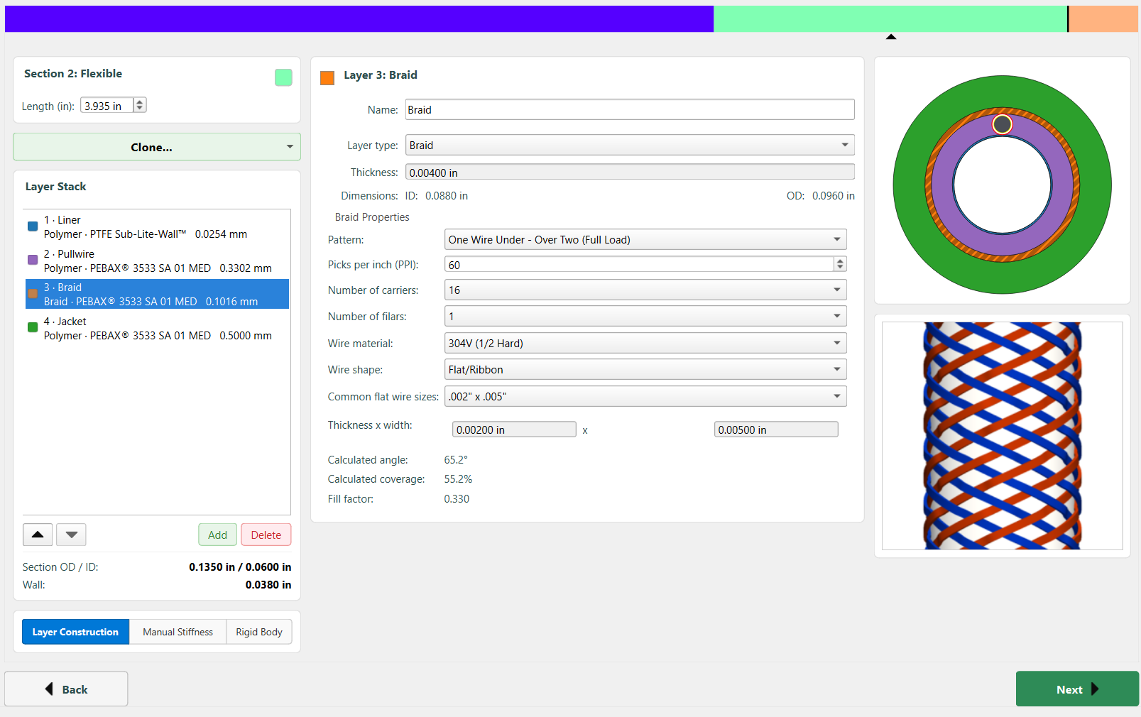 Section Construction: the layer stack, the selected layer's settings, and a live cross-section and braid preview